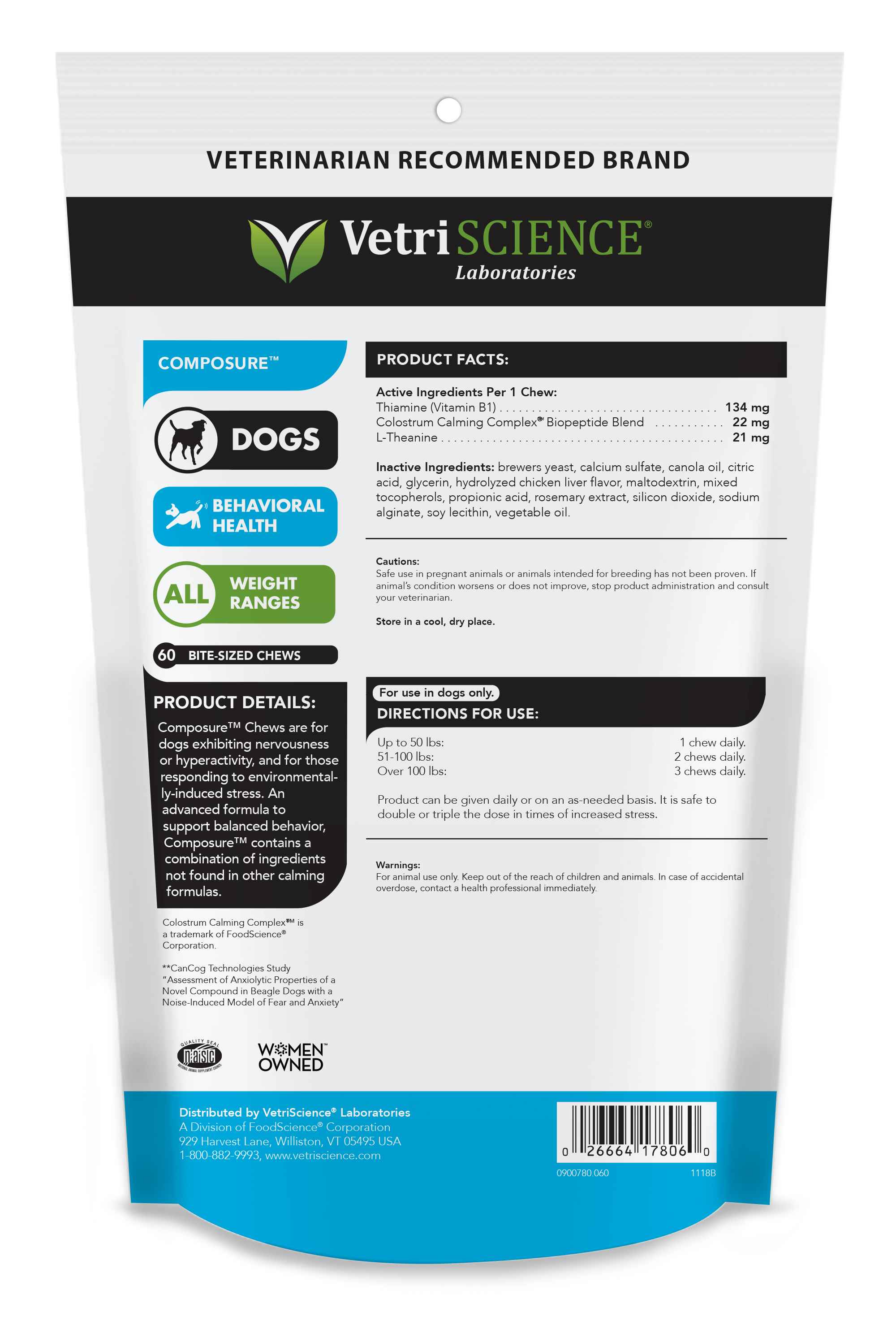 Dog Anxiety Treats - VetriScience Composure Bite-Sized Chews for Dogs (60) Back