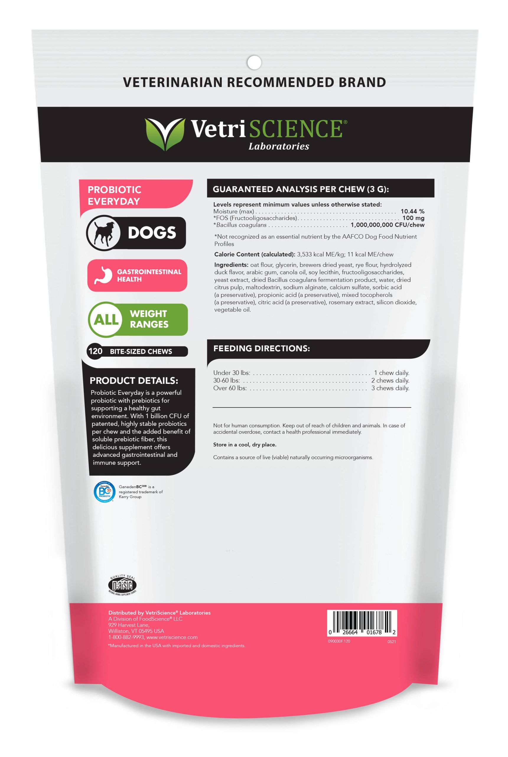 Dog digestive health - VetriScience Probiotic Everyday Chews, 120 pcs. - Guaranteed Analysis