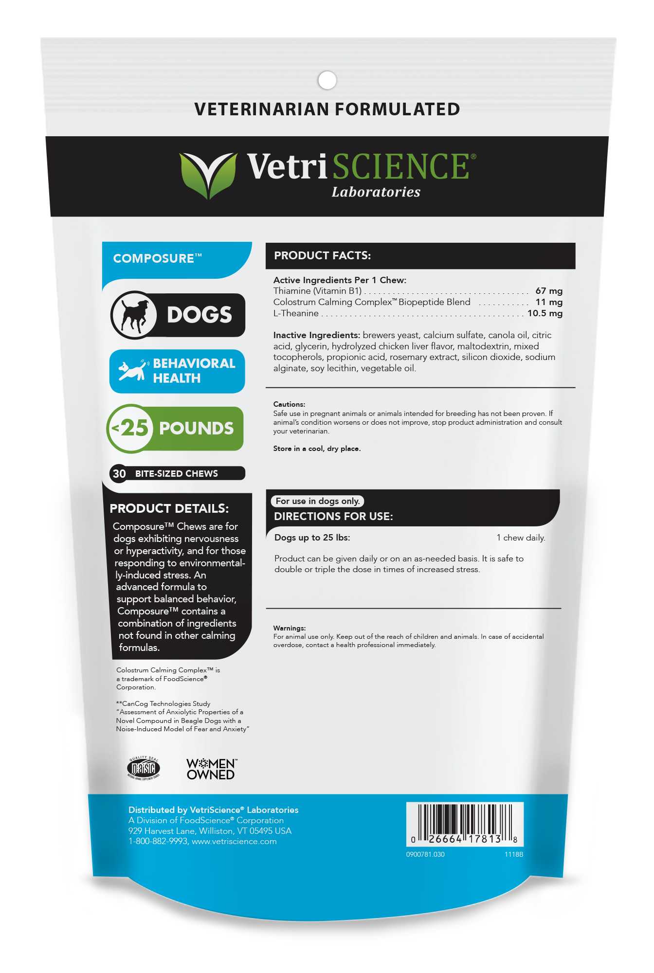 Dog stress relief - VetriScience Composure for Small Dogs - Product Facts
