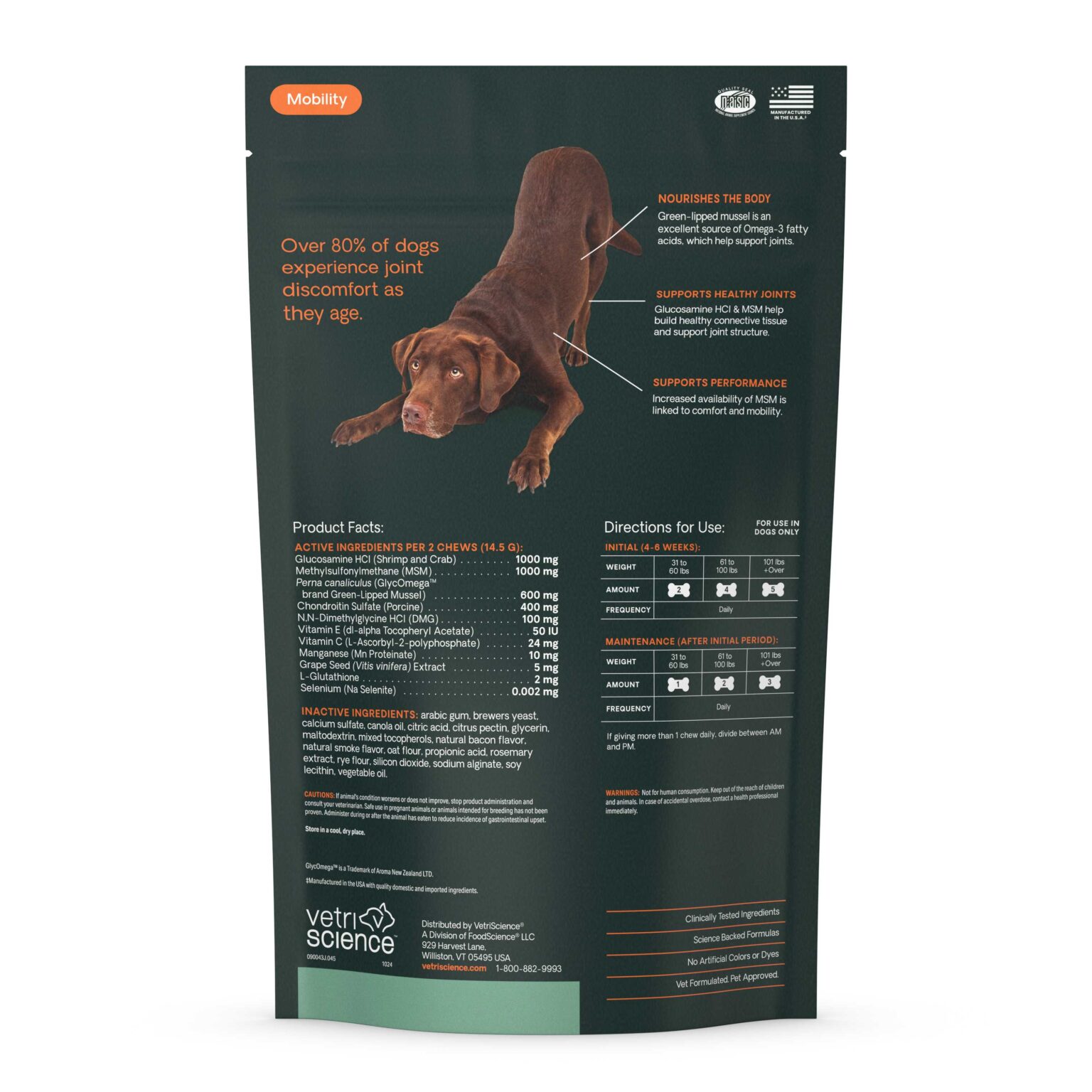 Dog arthritis supplements - VetriScience Ultimate Strength Healthy Hip & Joint - 45 Bacon Flavored Chews for Dogs - Back of package